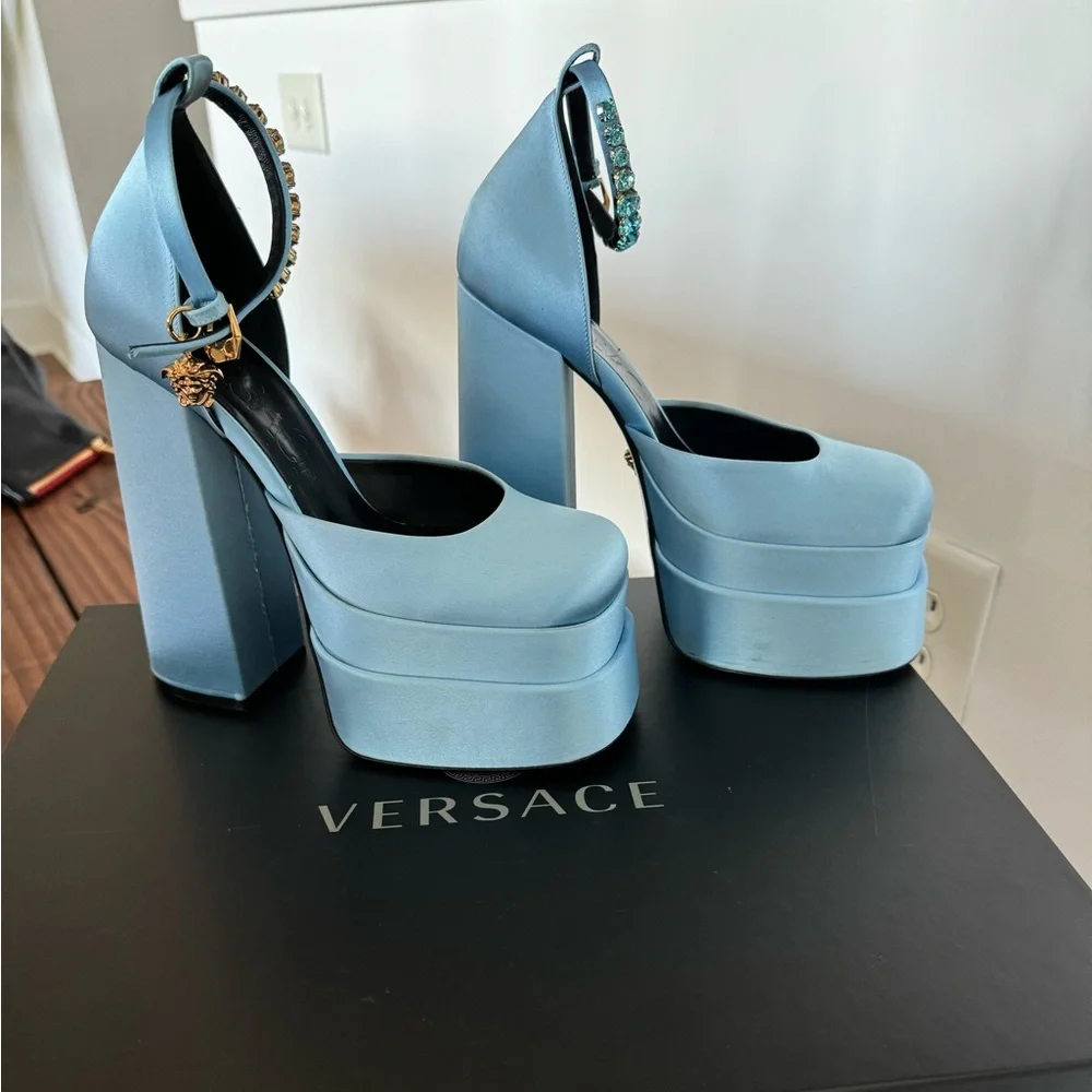 Versace Powder Blue Platform Ankle-Strap Pumps